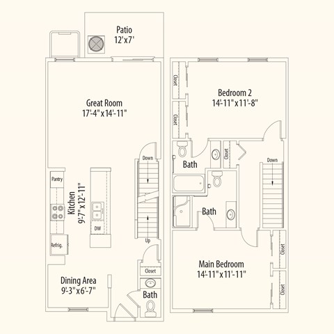 Floor plan for 2 beds, 2.5 baths, 1248 sqft